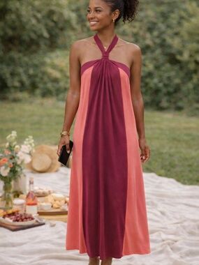 Nine West Halter Maxi dress size Large color block fuchsia pink (L) NWT